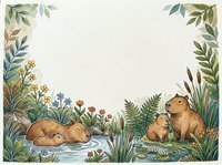 Watercolor woodland frame with cute capybaras in natural habitat surrounded by lush greenery, wildflowers and pond for nature-themed designs.