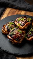 Glazed grilled pork ribs with sesame seeds and green onions on slate plate, barbecue meat dish for restaurant menu and culinary advertising.