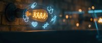 Vintage Edison bulb with glowing medical icons floating around it in dark atmospheric setting. Healthcare innovation and technology concept for presentations.