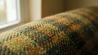 Cozy knitted wool fabric texture in warm autumn colors with soft natural lighting creating comfortable home interior atmosphere for seasonal decor projects.