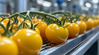 Fresh yellow cherry tomatoes on vine arranged in row, macro close-up with selective focus showing natural texture and glossy surface. For food and agriculture concepts.