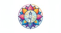 Colorful mandala with yoga meditation figure in lotus pose surrounded by geometric petals and sacred symbols on white background for spiritual design.