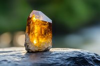 Raw citrine crystal point with golden amber hues glowing in sunlight on dark stone surface against blurred natural green background.