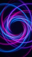 Vibrant neon spiral vortex with glowing blue and purple light trails creating dynamic energy swirl on black background for digital art and futuristic designs.