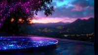 Glowing infinity pool edge at sunset with mountain silhouettes and pink cherry blossoms, creating magical atmosphere with luminescent blue water reflections and dramatic sky.