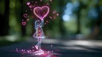 Glowing pink silhouette of young woman holding heart balloon with magical sparkles and hearts against blurred nature background, romantic fantasy concept.