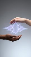 Two hands protecting glowing purple energy waves with light effects symbolizing care, protection, innovation and digital transformation concepts.
