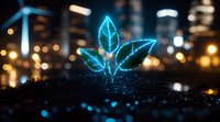 Glowing neon blue leaves emerge from dark soil against blurred city lights background, symbolizing sustainable urban growth and environmental technology advancement.