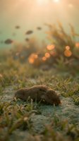 Pine cone resting on moss-covered ground with warm golden bokeh lights and soft sunset glow creating peaceful natural autumn atmosphere.
