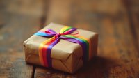 Kraft paper gift box tied with vibrant rainbow ribbon bow on rustic wooden surface, suitable for holiday, birthday, and celebration packaging designs.