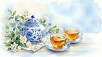 Watercolor tea set with blue and white porcelain teapot, two cups of tea, and jasmine flowers on a soft blue background.