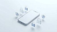 Modern smartphone with floating transparent security lock icons on white background representing mobile cybersecurity and data protection technology.