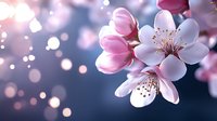 Delicate pink and white cherry blossoms in bloom against blurred blue background with soft bokeh lights creating dreamy spring atmosphere.
