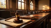 Wooden gavel and law books on courtroom table with warm sunlight streaming through stained glass windows creating dramatic legal atmosphere.