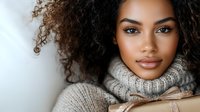 Young African American woman with natural curly hair wearing cozy knit turtleneck sweater, expressing gentle smile and confidence against light background. Perfect for beauty and fashion content.