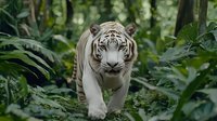Majestic white Bengal tiger walking through lush green jungle foliage, front view of predator with intense gaze and powerful stance in natural habitat.