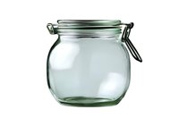 Empty glass jar with metal clamp lid closure on white background, transparent container for preserving food and storage, isolated product photography.