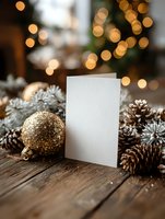 Blank white greeting card with golden ornament and pine cones on rustic wooden table with warm bokeh lights for holiday season mockup and festive design projects.