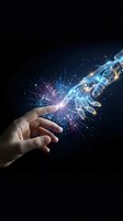 Human hand reaching toward futuristic robotic arm with glowing digital connection sparks representing AI technology collaboration and innovation.