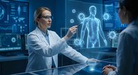 Female doctor analyzing holographic human anatomy display in futuristic medical laboratory with digital health data visualization technology.