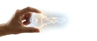 Hand holding glowing digital key with light effects on white background symbolizing security access technology and cyber protection solutions.