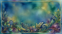Ornate floral border with swirling leaves and blooms in gold, teal, and purple tones on watercolor background. Decorative frame for invitations, cards, and design projects.