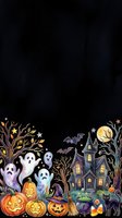 Spooky haunted mansion with glowing windows surrounded by jack-o-lanterns, ghosts, bats, bare trees, and cauldron on dark background. Halloween party decoration.