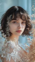 Young Asian woman with short dark hair in white lace dress against blue background, soft natural lighting creates dreamy romantic mood with dried flowers.