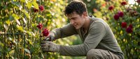 Young Caucasian male farmer harvesting ripe red apples in orchard during autumn season wearing work gloves and olive green shirt with focused expression.