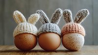 Fresh brown eggs wearing cute knitted bunny ear hats in pastel colors arranged in row on wooden surface against blurred background. Easter holiday decoration.