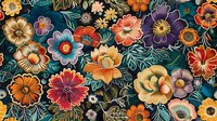 Vibrant floral pattern with colorful blooms in orange, purple, yellow and blue on dark teal background with decorative leaves creates seamless botanical repeat.