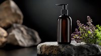 Dark amber glass pump bottle on stone with purple wildflowers and rocks against black background, minimalist spa and wellness composition.