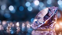 Large sparkling diamond with smaller gems on reflective surface against blurred blue bokeh background, luxury jewelry concept with dramatic lighting effects.