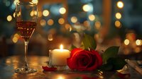 Romantic evening setting with red rose, wine glass and glowing candle against blurred bokeh lights background, perfect for Valentine's Day cards or romantic dinner invitations.