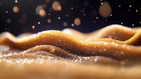 Glowing golden waves with sparkling particles and bokeh lights on dark background create magical festive atmosphere for holiday designs and celebrations.