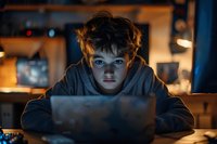 Teenage boy illuminated by laptop screen in dark room, displaying focused expression while using computer at night, dramatic lighting creates moody atmosphere.