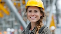 Young female construction worker with yellow hard hat smiling at camera on industrial building site. Professional engineer woman in safety gear at workplace.