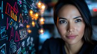 Young Asian woman with confident smile against blurred neon lights and urban graffiti background, dramatic night portrait with bokeh lighting effects and modern city atmosphere.