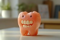 Anthropomorphic orange tooth character with exaggerated smile and eyes, sitting on white surface in bright interior setting. Dental care concept for children's education and marketing materials.