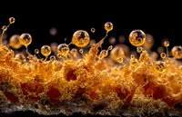 Golden bubbles rising from amber liquid splash against black background, creating dynamic macro photography effect of carbonation or fermentation process.