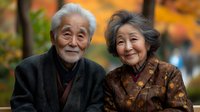 Elderly Asian couple smiling together outdoors during autumn season, wearing traditional clothing against colorful fall foliage background. Represents happiness and aging together.