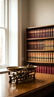 Vintage brass balance scales on wooden desk in law office library with legal books for justice and legal profession concepts.