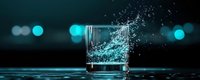 Turquoise liquid splashing out of glass against dark background with bokeh lights, dramatic water motion captured in high-speed photography for beverage advertising.