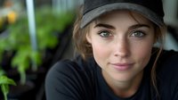 Young Caucasian woman wearing black cap and hoodie with natural makeup looking at camera in urban outdoor setting with green plants in background.