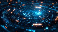 Glowing spiral galaxy with blue light trails and orange particles creating cosmic energy flow in deep space. Digital universe concept.