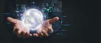 Hands holding glowing digital sphere with futuristic holographic interface and data visualization for technology and innovation concepts.