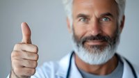 Confident mature male doctor with gray beard wearing white coat and stethoscope showing thumbs up gesture against light background. Professional medical care concept.