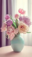 Soft pink peonies and tulips in turquoise vase by window with sheer curtains, creating romantic atmosphere for home decor or wedding inspiration.