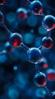 Glowing molecular structure with red and blue spheres connected by bonds on dark background, scientific concept for chemistry, biology and medical research.
