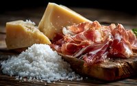Gourmet Italian antipasto with prosciutto slices, aged Parmesan cheese, and coarse sea salt on rustic wooden board, perfect for Mediterranean cuisine.